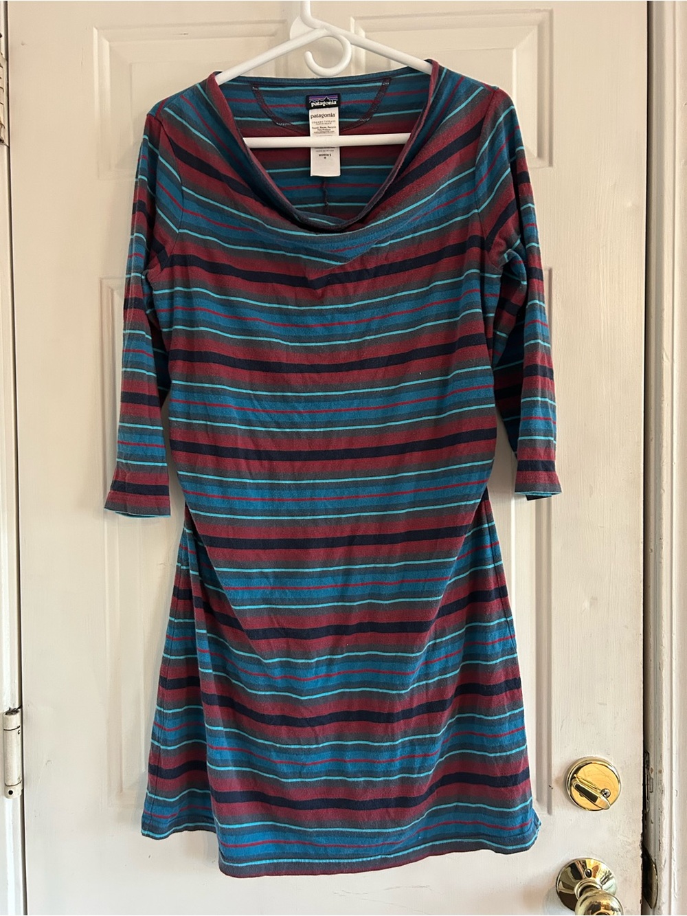 Patagonia Women's Striped Cowl Neck Casual Dress in Teal & Maroon